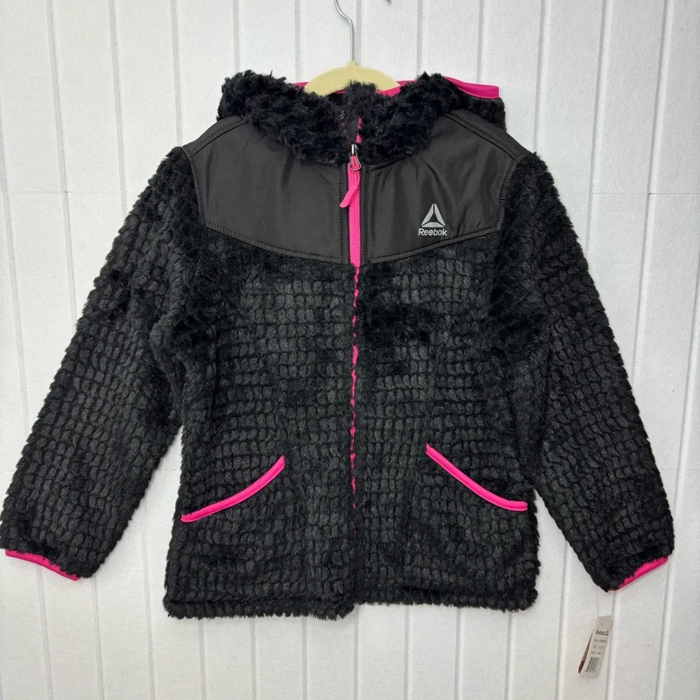 Reebok Black and Pink lightweight Fuzzy Full zip Hoodie jacket coat size‎ 7-8 Y